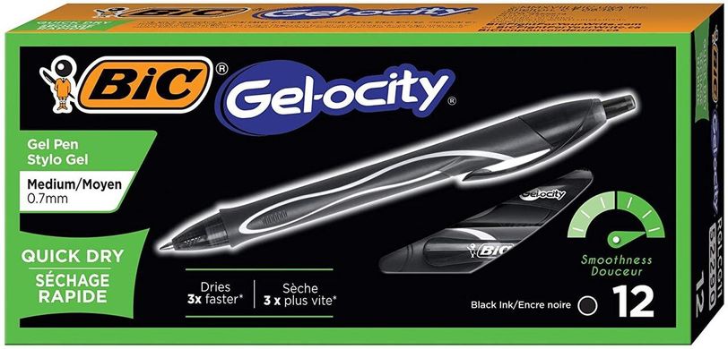 Набір гелевих ручок 12 шт автоматичних BIC Gel-Ocity Quick Dry, Чорний 0.7 мм (RGLCG11-BLK) (B01MSBOBM7)