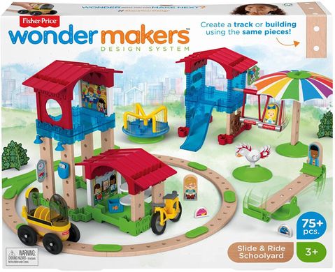 Деревяний конструктор Fisher-Price Wonder Makers Slide & Ride Schoolyard Шкільний двір 75 деталей (GGV82)
