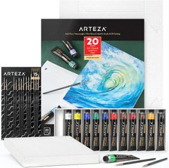 Художній набір Arteza Акрилові фарби 12 по 22 мл, 15 пензлів, 20 складних аркушів (‎АРТЗ-3568)